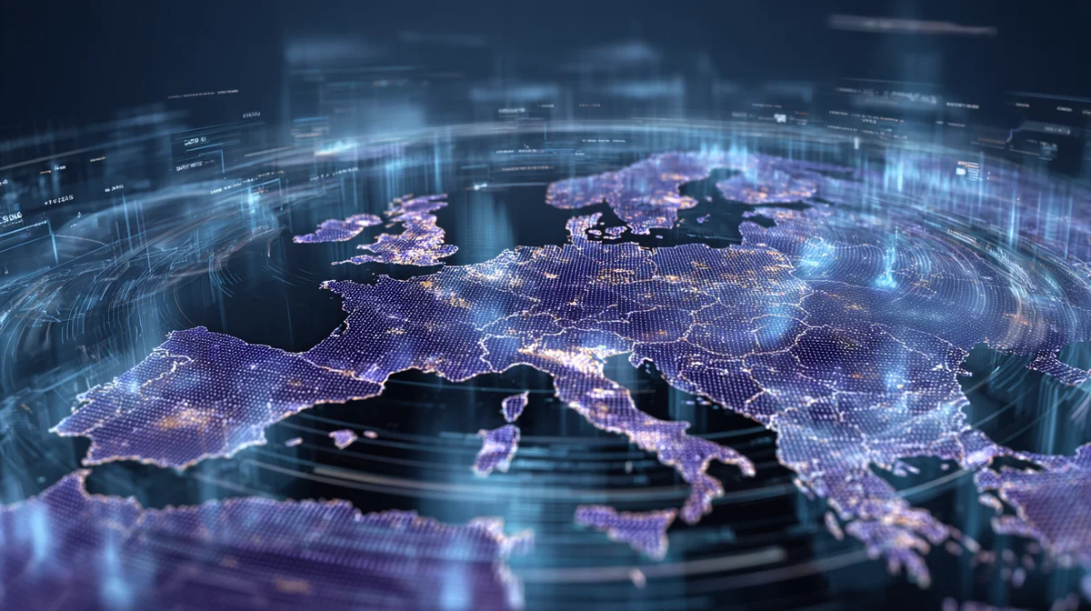 Abstract visualisation of European regulatory framework for stablecoins with market access barriers and cross-border monetary flows