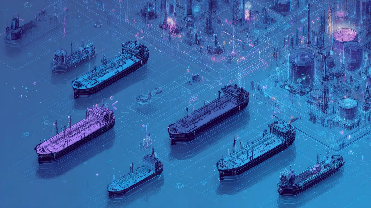 Oil barrels and global financial flows visualised as a network of glowing dollar streams and stablecoin transactions across emerging markets