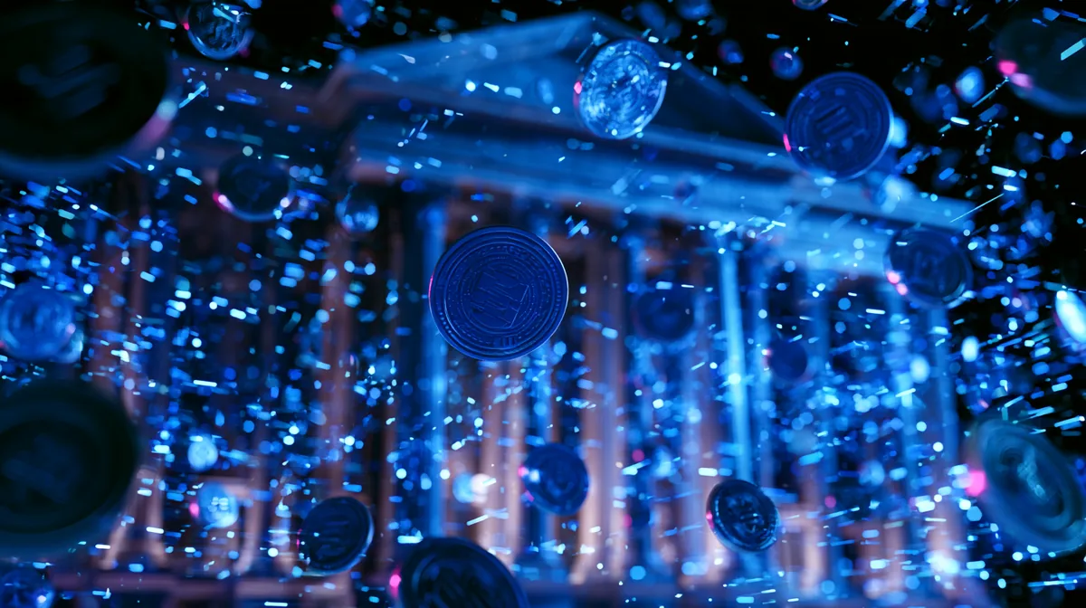 A neoclassical government building with a columned portico lit in deep blue, with digital coin tokens and streams of light suspended in the air in front of it.